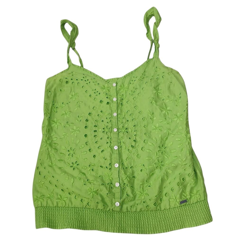 Hollister Women’s Green Eyelet Embroidered Tank Top Button Smocked Hem Size S